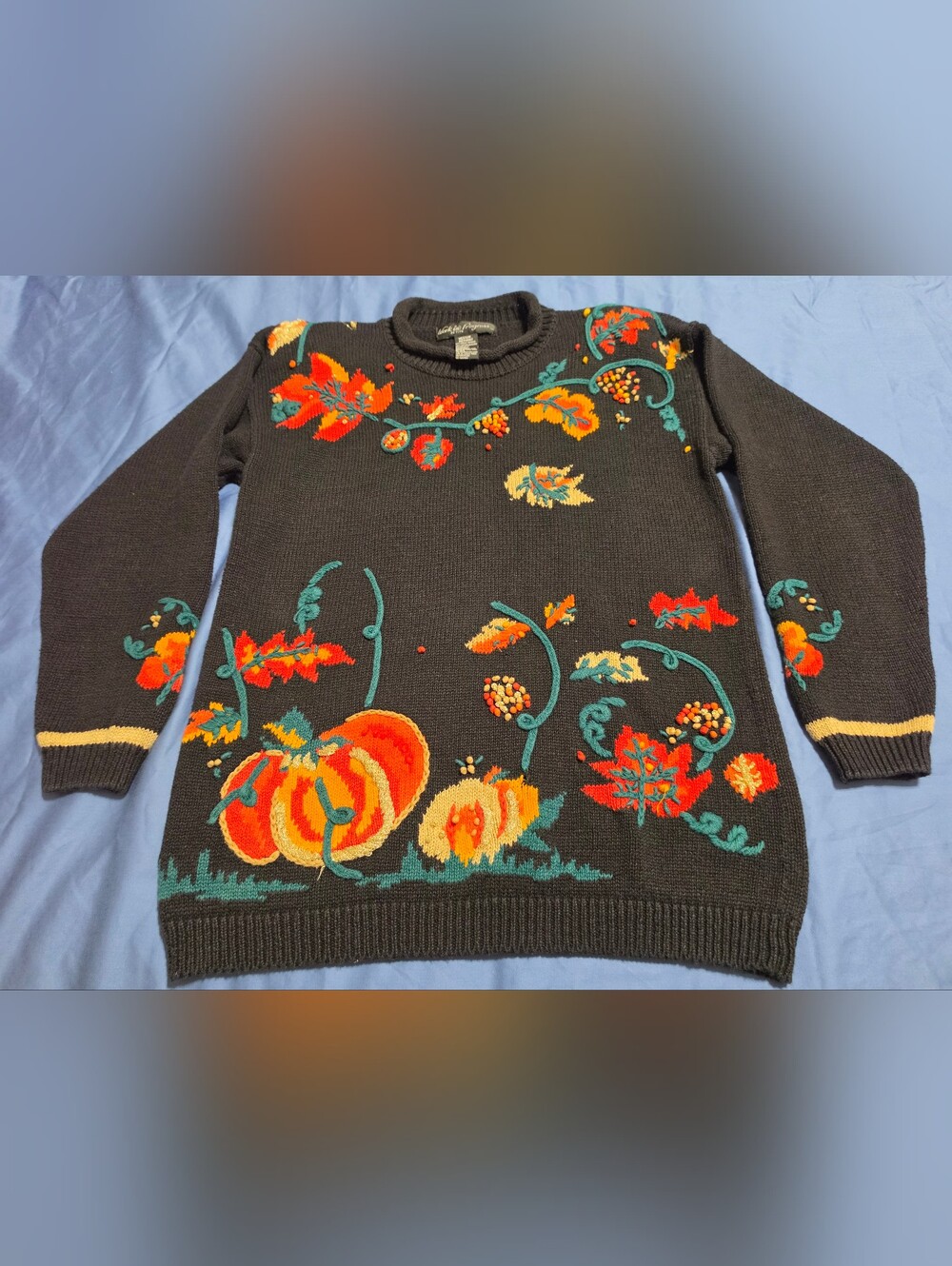 Vintage Work in Progress Fall Pumpkin & Leaves Embroidered Sweater Petite M